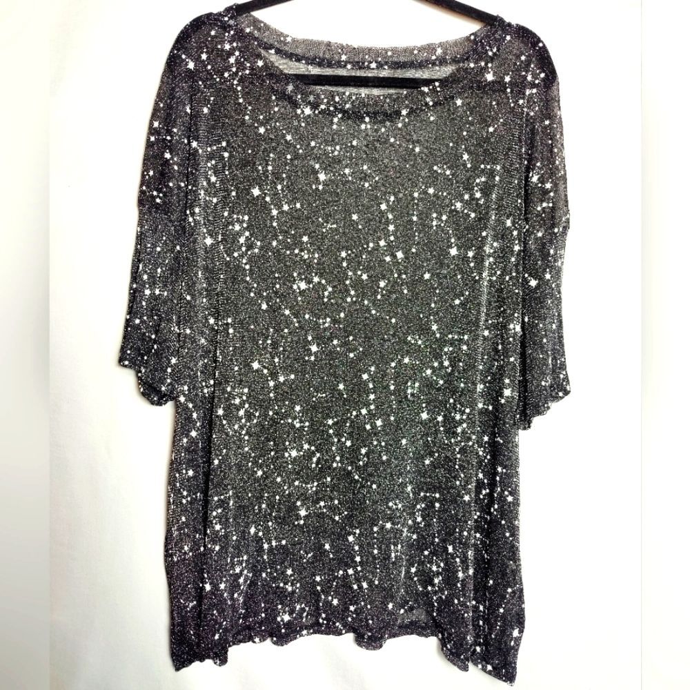 Shein Curve Sheer Black Shirt w Sparkle Stars/Astronomy Pattern, XL